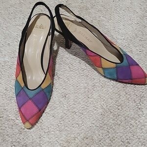 Vintage DELMAN patchwork suede leather shoes in multi colors.  Size is 7.